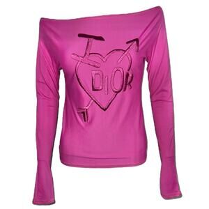 AUTH VTG Christian Dior Fuchsia Pink Long Sleeve I Heart Love Dior Logo Top